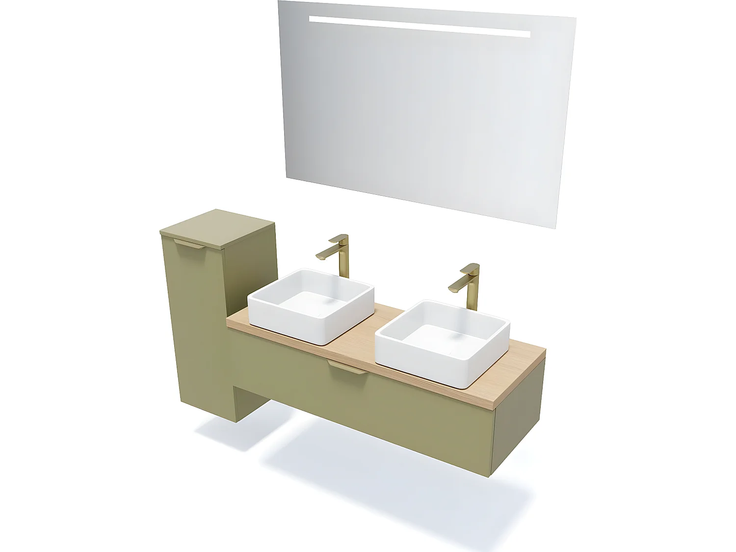 Meuble de salle de bain suspendu 2 vasques à poser 120cm 1 tiroir Vert olive + miroir + colonne ouverture gauche - Venice