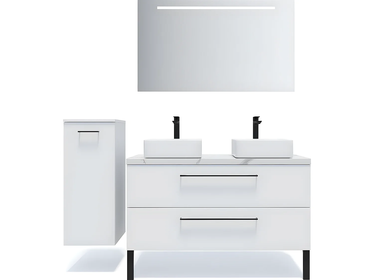 Meuble de salle de bain suspendu 2 vasques à poser 120cm 2 tiroirs Blanc + miroir + colonne ouverture gauche - Glasgow