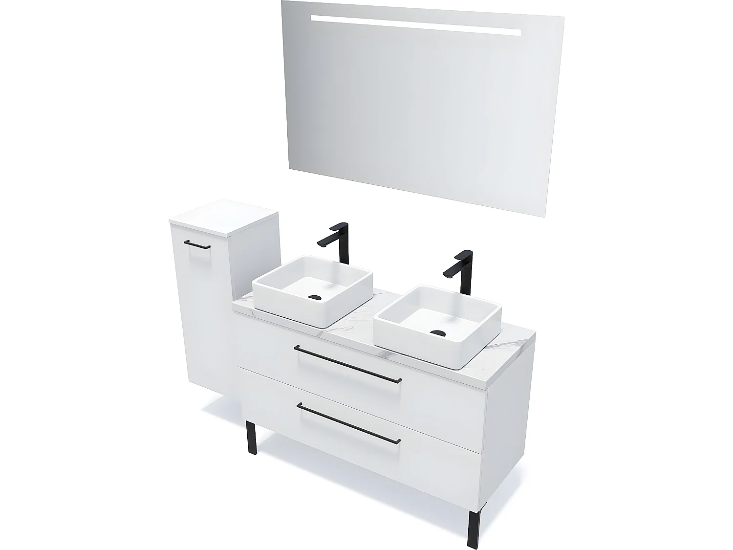 Meuble de salle de bain suspendu 2 vasques à poser 120cm 2 tiroirs Blanc + miroir + colonne ouverture gauche - Glasgow