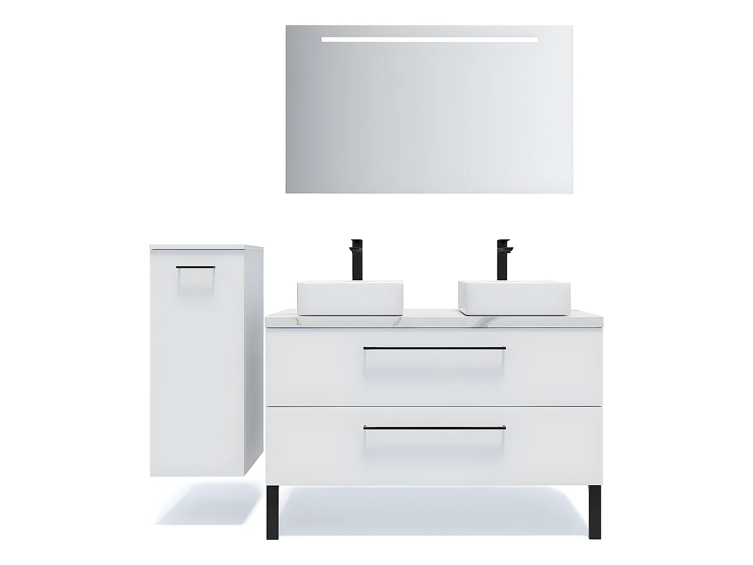 Meuble de salle de bain suspendu 2 vasques à poser 120cm 2 tiroirs Blanc + miroir + colonne ouverture gauche - Glasgow