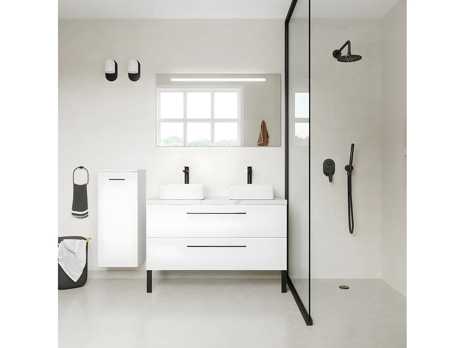 Meuble de salle de bain suspendu 2 vasques à poser 120cm 2 tiroirs Blanc + miroir + colonne ouverture gauche - Glasgow
