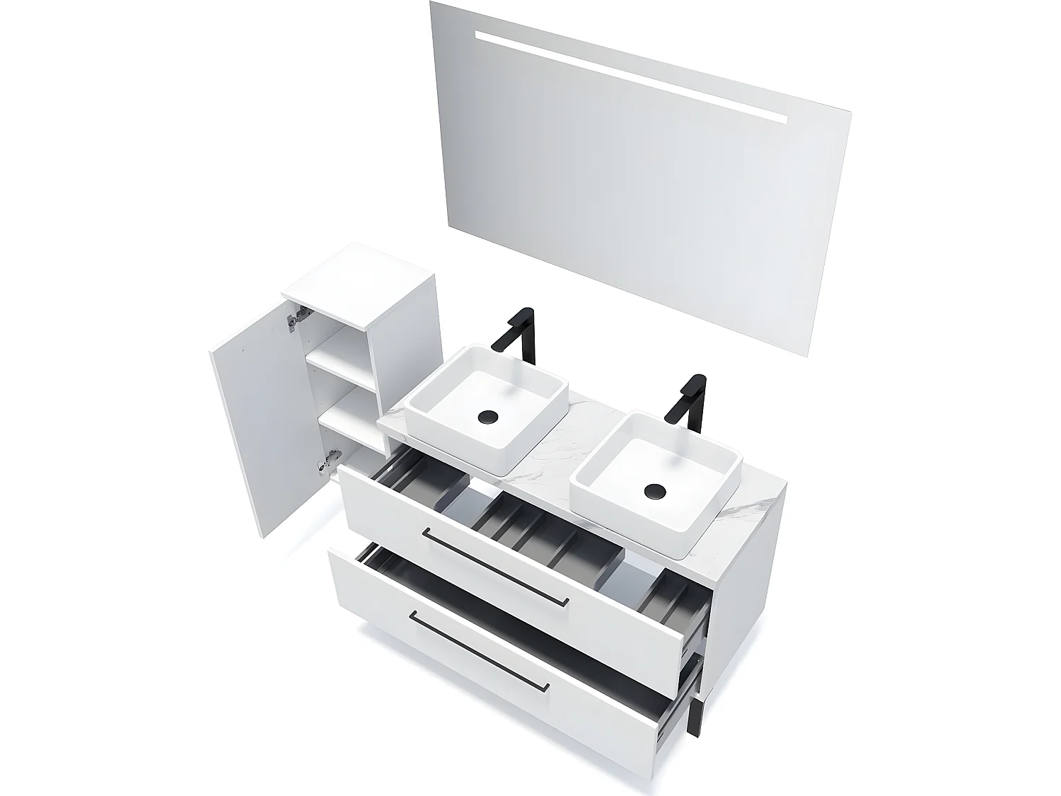 Meuble de salle de bain suspendu 2 vasques à poser 120cm 2 tiroirs Blanc + miroir + colonne ouverture gauche - Glasgow