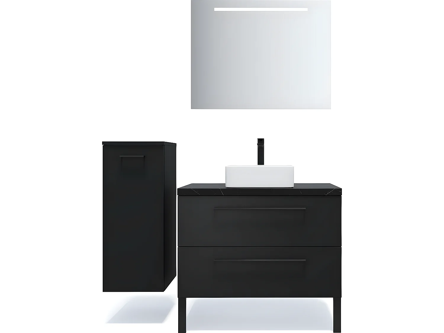 Meuble de salle de bain suspendu vasque à poser 90cm 2 tiroirs Noir + miroir + colonne ouverture gauche - Glasgow