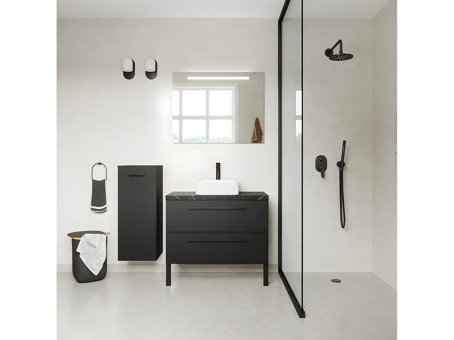 Meuble de salle de bain suspendu vasque à poser 90cm 2 tiroirs Noir + miroir + colonne ouverture gauche - Glasgow