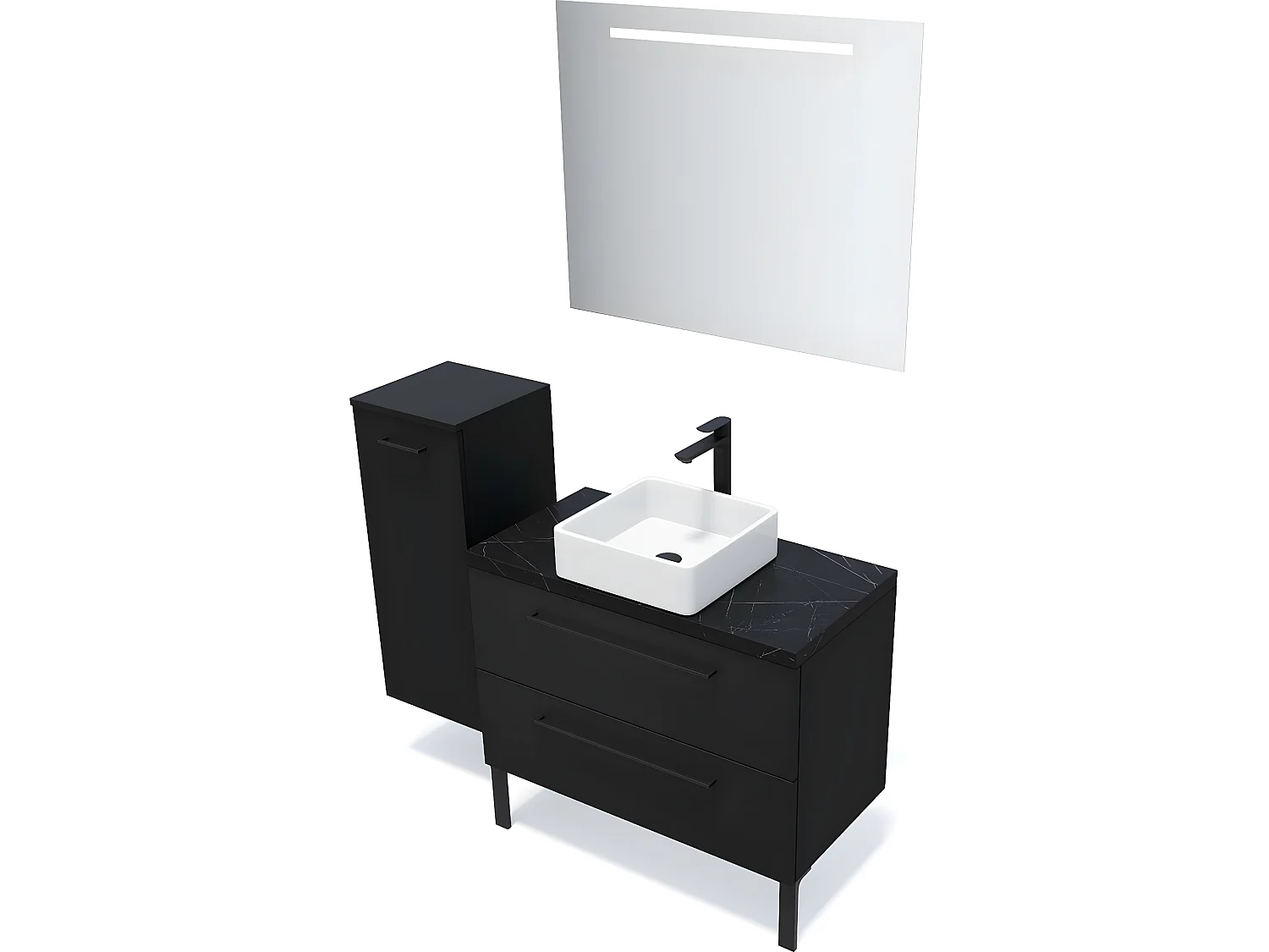 Meuble de salle de bain suspendu vasque à poser 90cm 2 tiroirs Noir + miroir + colonne ouverture gauche - Glasgow