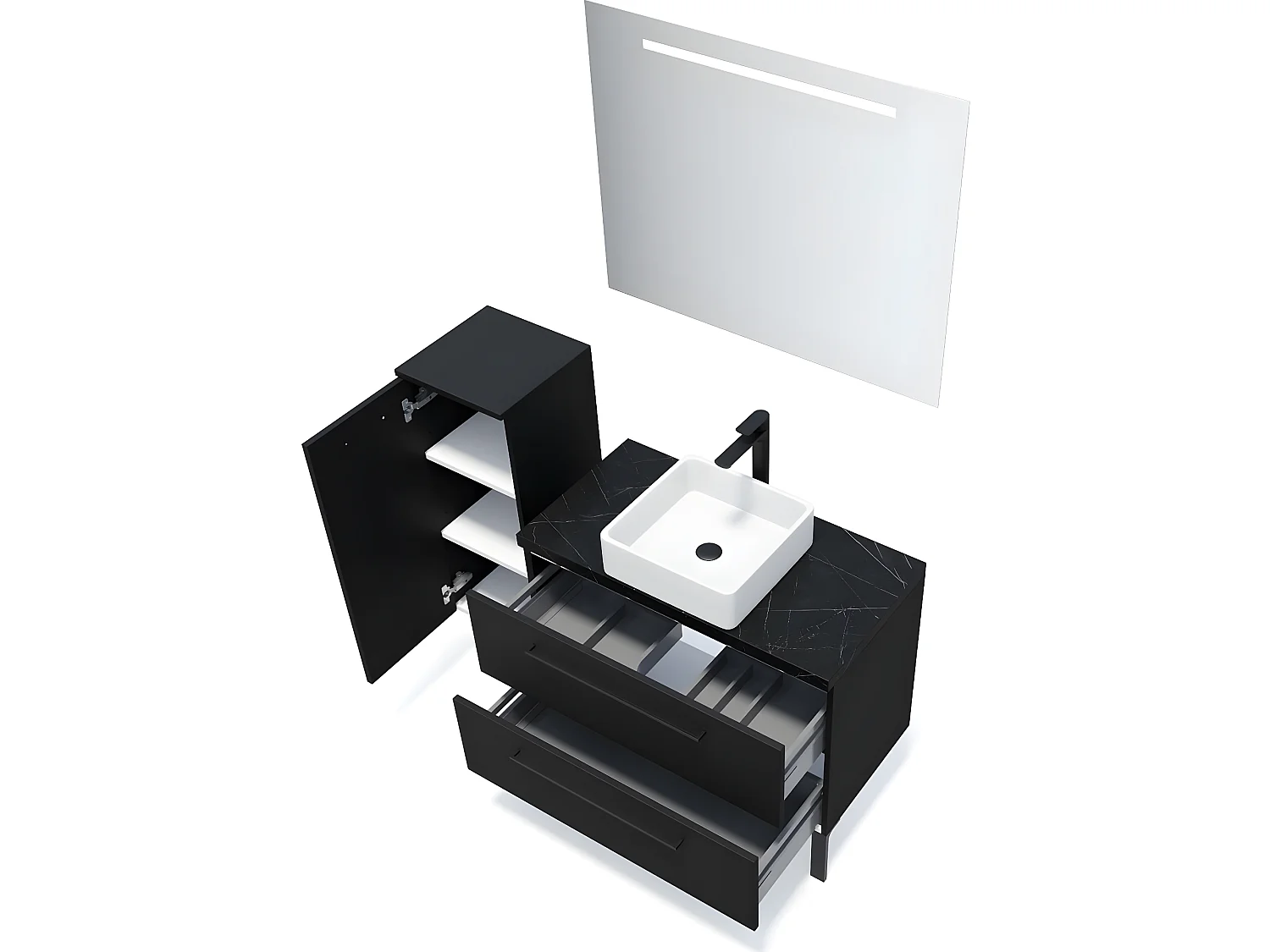 Meuble de salle de bain suspendu vasque à poser 90cm 2 tiroirs Noir + miroir + colonne ouverture gauche - Glasgow