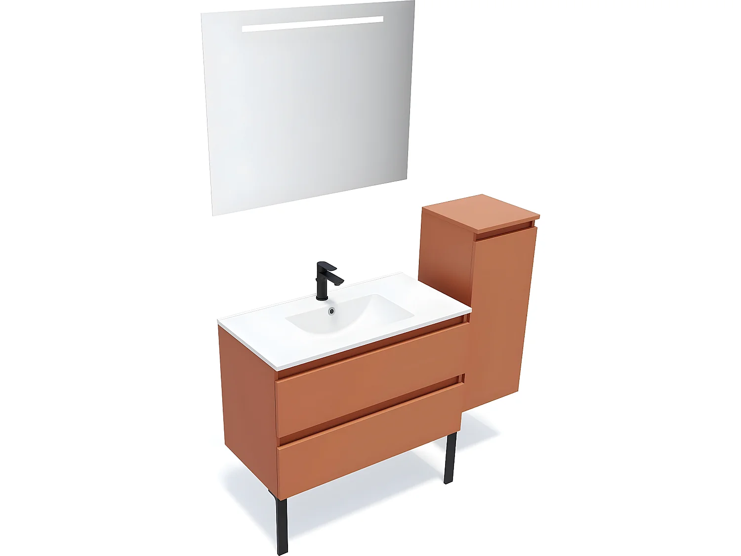 Meuble de salle de bain suspendu vasque intégrée 90cm 2 tiroirs Terracotta + miroir + colonne ouverture droite - Hudson