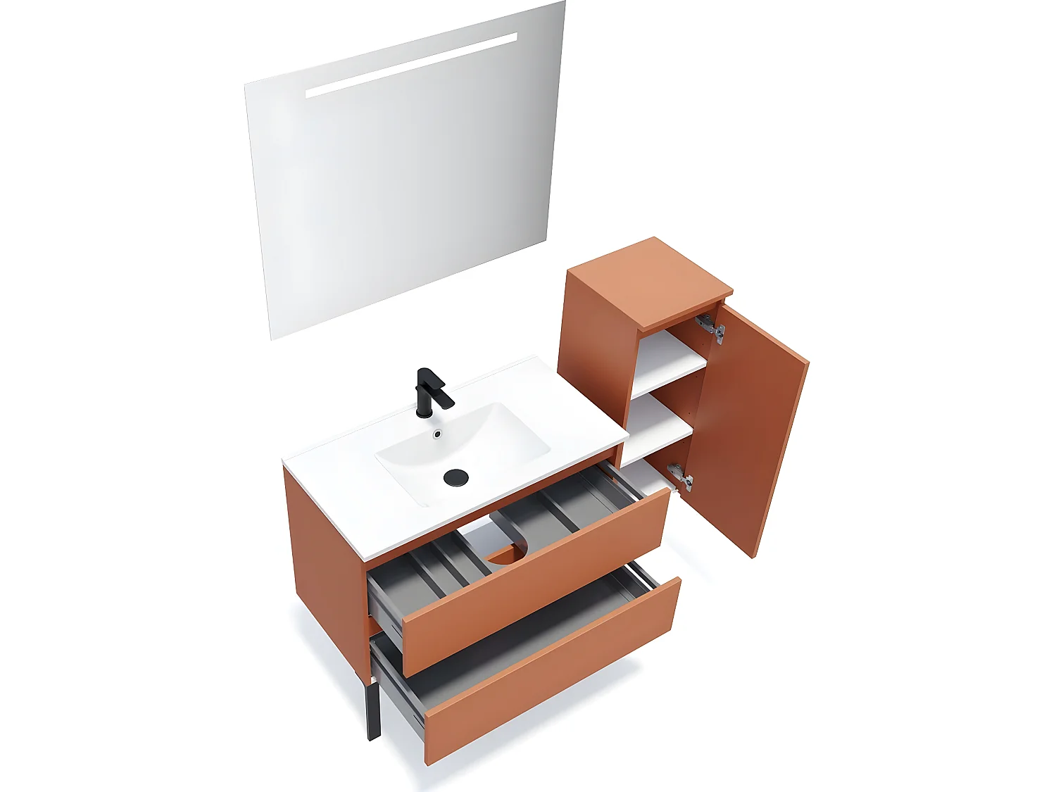 Meuble de salle de bain suspendu vasque intégrée 90cm 2 tiroirs Terracotta + miroir + colonne ouverture droite - Hudson