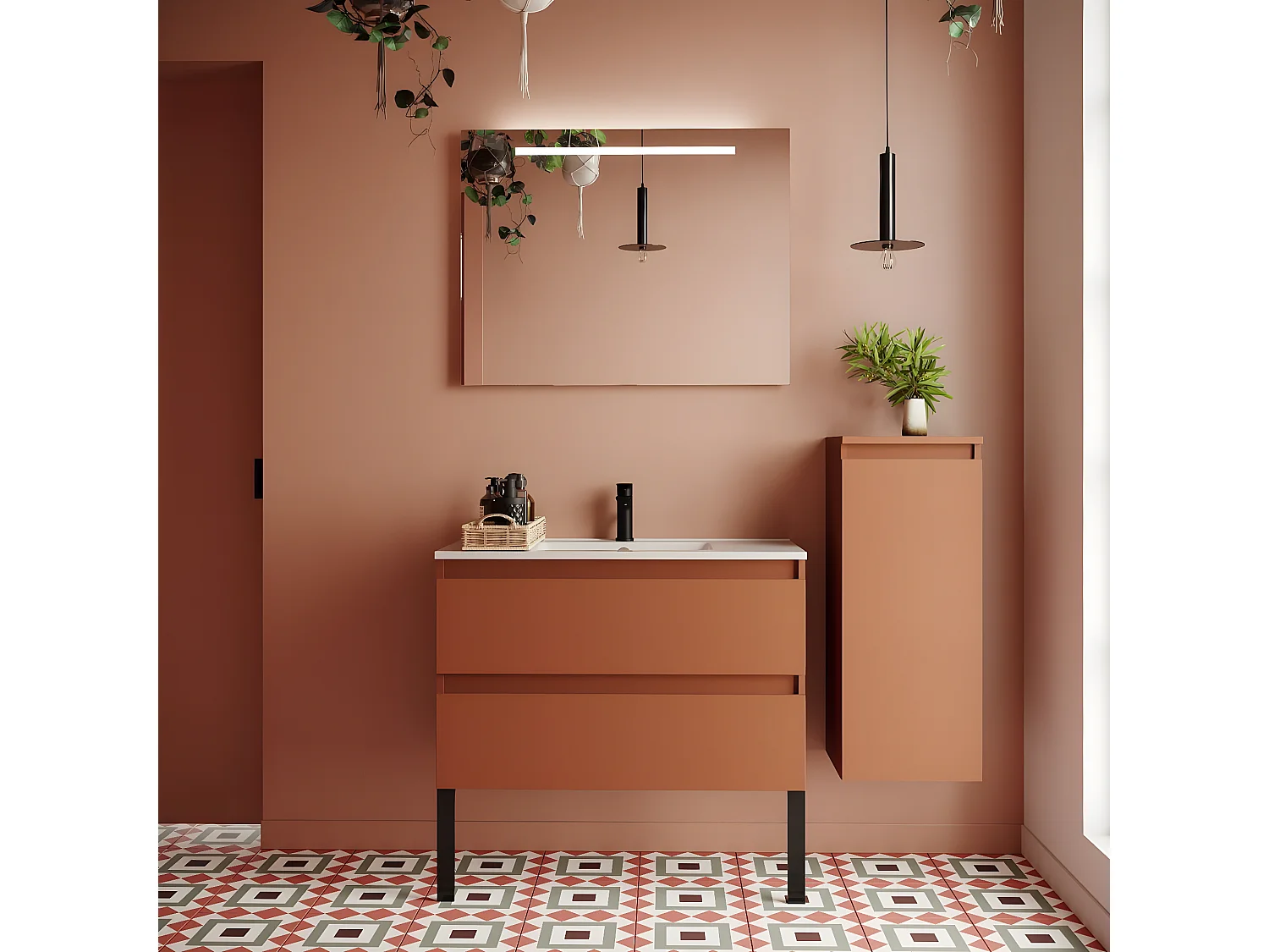 Meuble de salle de bain suspendu vasque intégrée 90cm 2 tiroirs Terracotta + miroir + colonne ouverture droite - Hudson