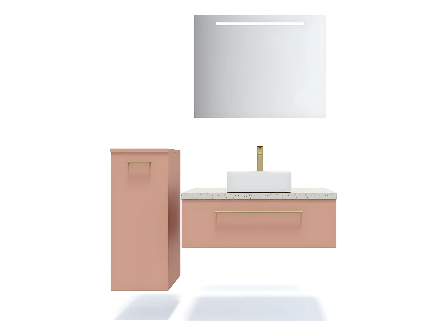 Meuble de salle de bain suspendu vasque à poser 90cm 1 tiroir Abricot + miroir + colonne ouverture gauche - Glasgow