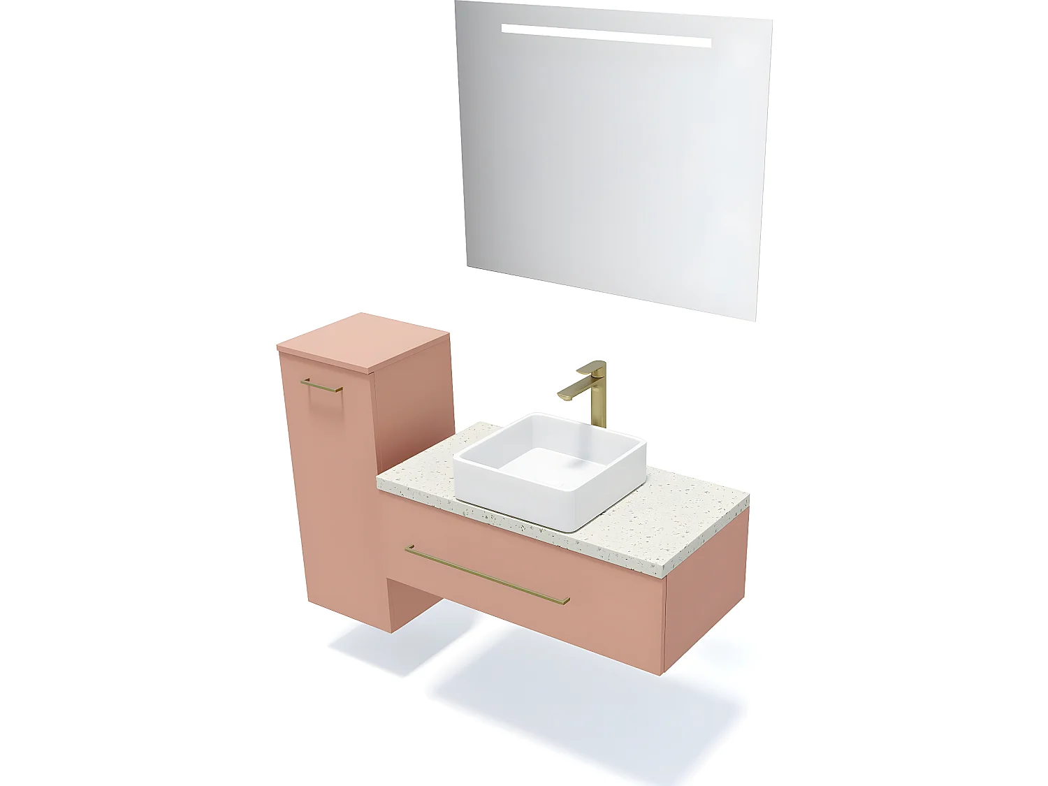 Meuble de salle de bain suspendu vasque à poser 90cm 1 tiroir Abricot + miroir + colonne ouverture gauche - Glasgow