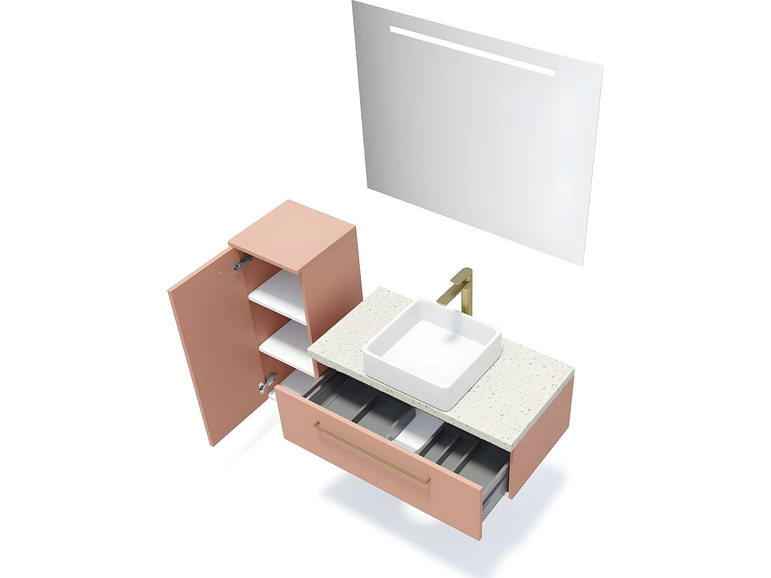 Meuble de salle de bain suspendu vasque à poser 90cm 1 tiroir Abricot + miroir + colonne ouverture gauche - Glasgow