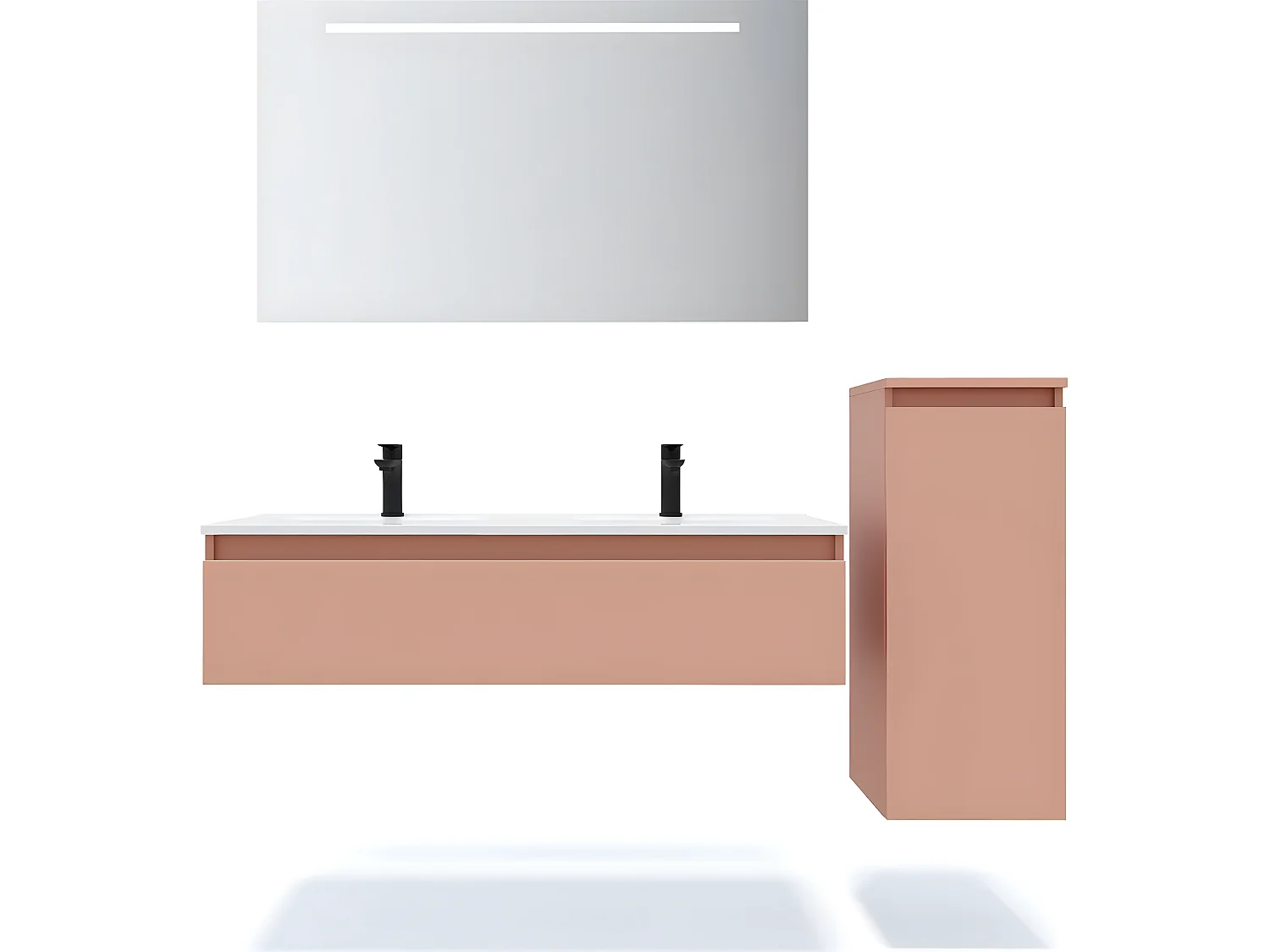 Meuble de salle de bain suspendu double vasque intégrée 120cm 1 tiroir Abricot + miroir + colonne ouverture droite - Hudson