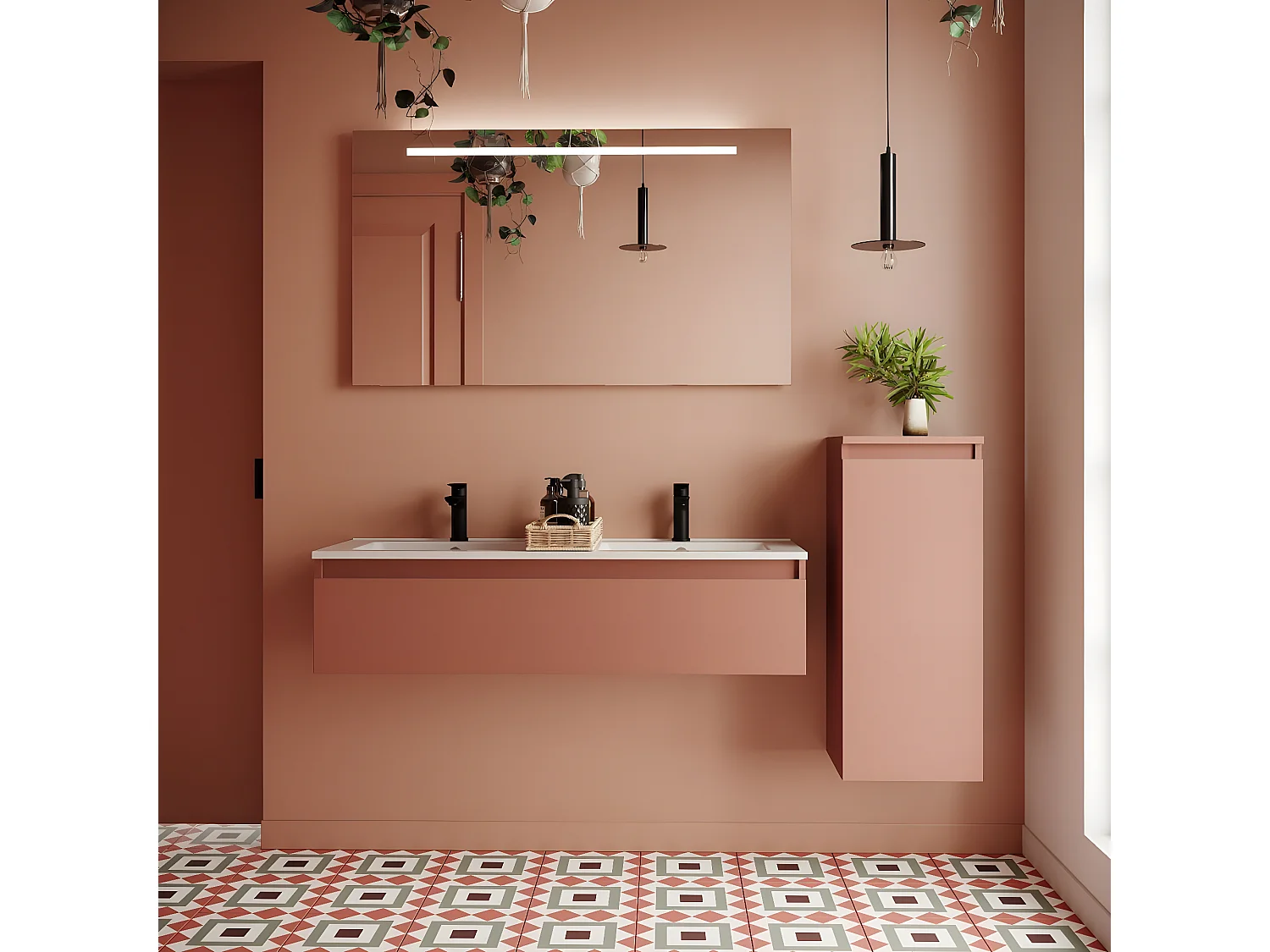 Meuble de salle de bain suspendu double vasque intégrée 120cm 1 tiroir Abricot + miroir + colonne ouverture droite - Hudson