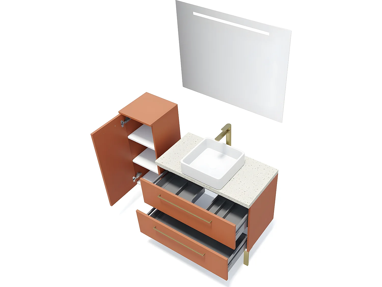 Meuble de salle de bain suspendu vasque à poser 90cm 2 tiroirs Terracotta + miroir + colonne ouverture gauche - Glasgow