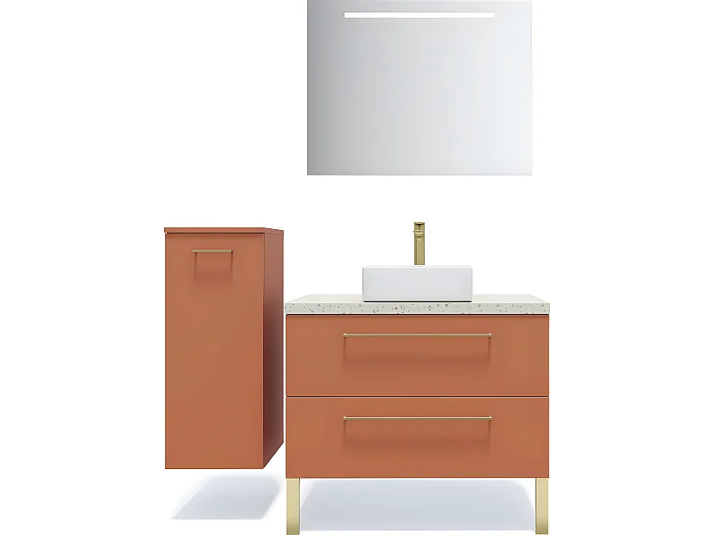 Meuble de salle de bain suspendu vasque à poser 90cm 2 tiroirs Terracotta + miroir + colonne ouverture gauche - Glasgow