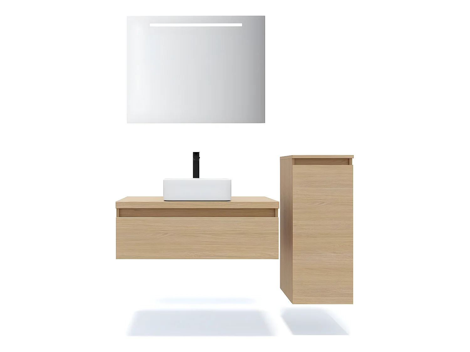 Meuble de salle de bain suspendu vasque à poser 90cm 1 tiroir Chêne clair + miroir + colonne ouverture droite - Hudson