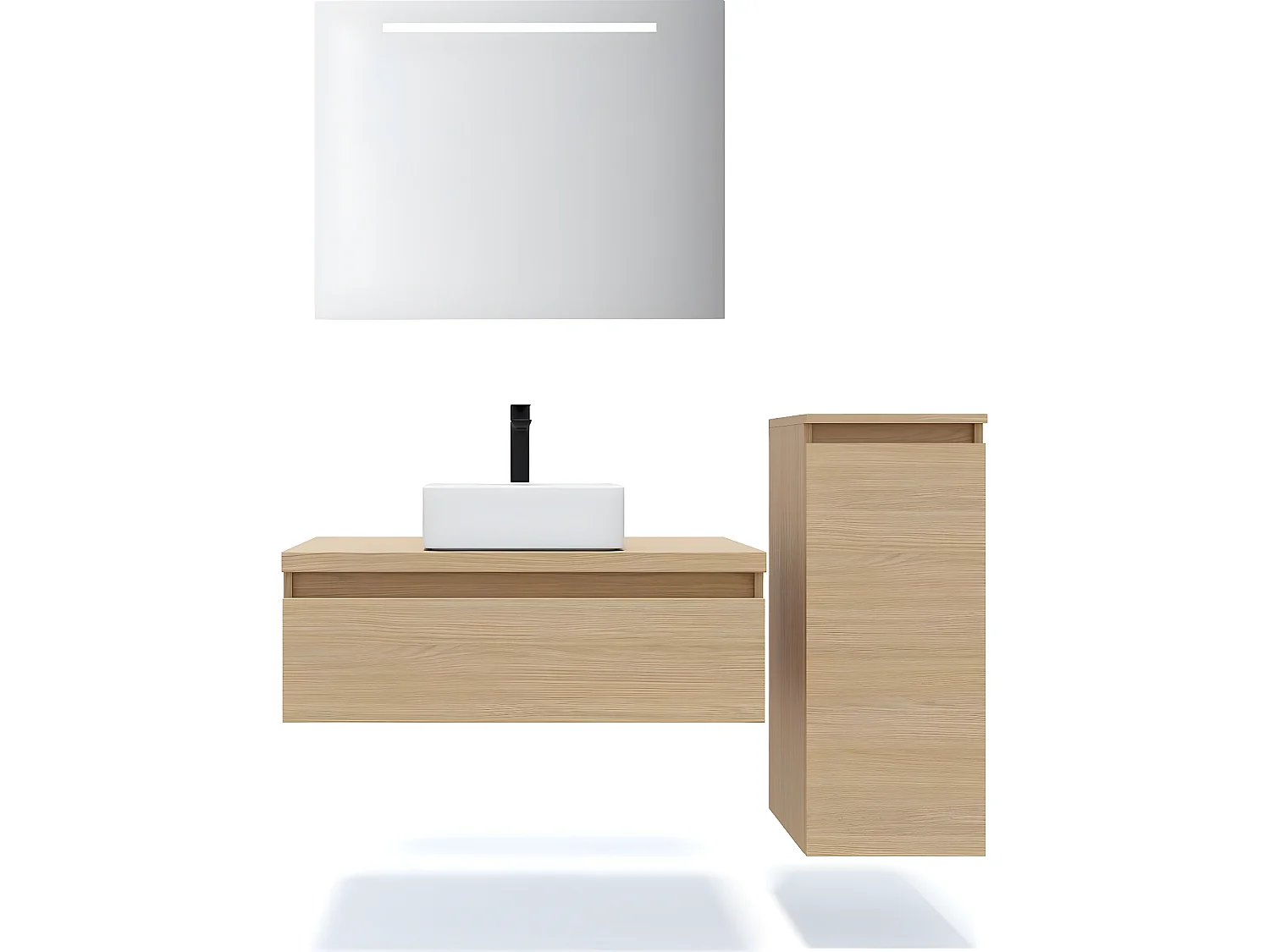 Meuble de salle de bain suspendu vasque à poser 90cm 1 tiroir Chêne clair + miroir + colonne ouverture droite - Hudson