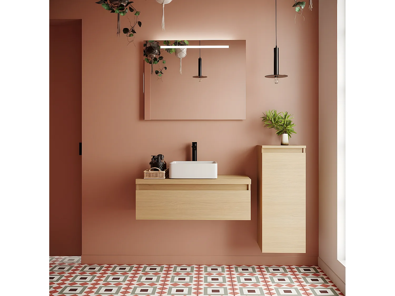 Meuble de salle de bain suspendu vasque à poser 90cm 1 tiroir Chêne clair + miroir + colonne ouverture droite - Hudson