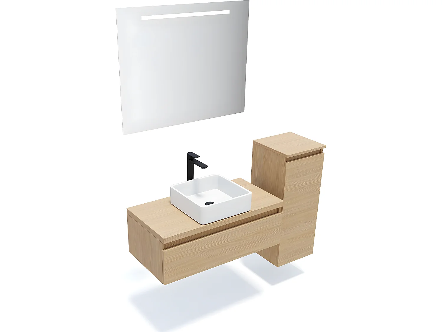 Meuble de salle de bain suspendu vasque à poser 90cm 1 tiroir Chêne clair + miroir + colonne ouverture droite - Hudson