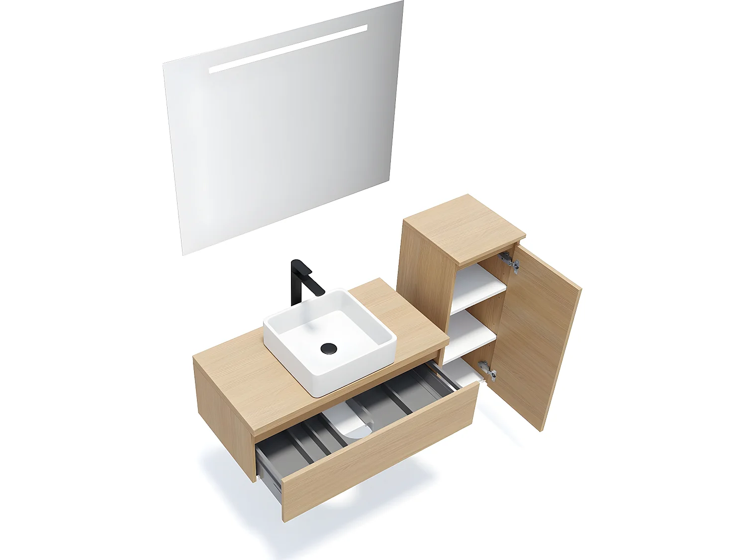Meuble de salle de bain suspendu vasque à poser 90cm 1 tiroir Chêne clair + miroir + colonne ouverture droite - Hudson