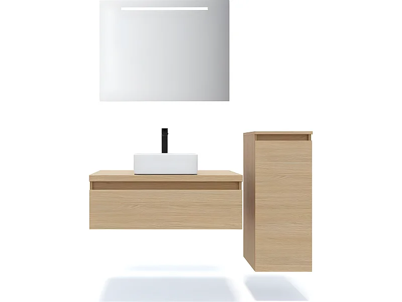 Meuble de salle de bain suspendu vasque à poser 90cm 1 tiroir Chêne clair + miroir + colonne ouverture droite - Hudson