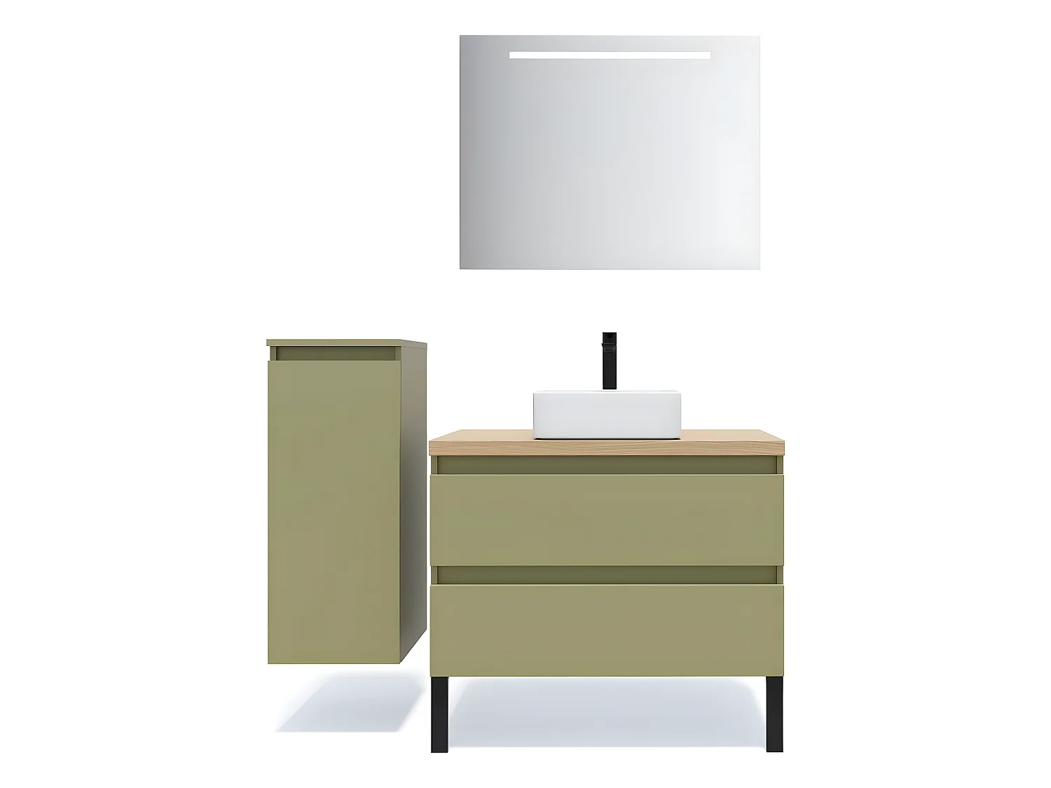 Meuble de salle de bain suspendu vasque à poser 90cm 2 tiroirs Vert olive + miroir + colonne ouverture gauche - Hudson