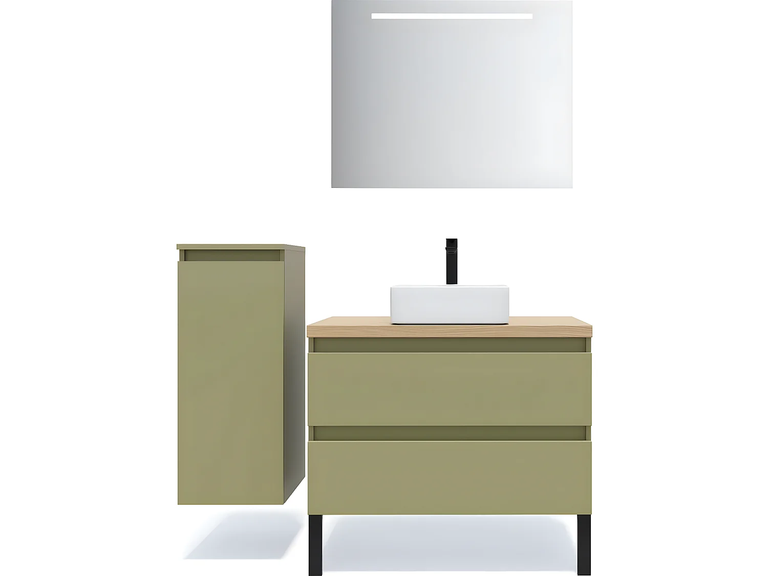 Meuble de salle de bain suspendu vasque à poser 90cm 2 tiroirs Vert olive + miroir + colonne ouverture gauche - Hudson