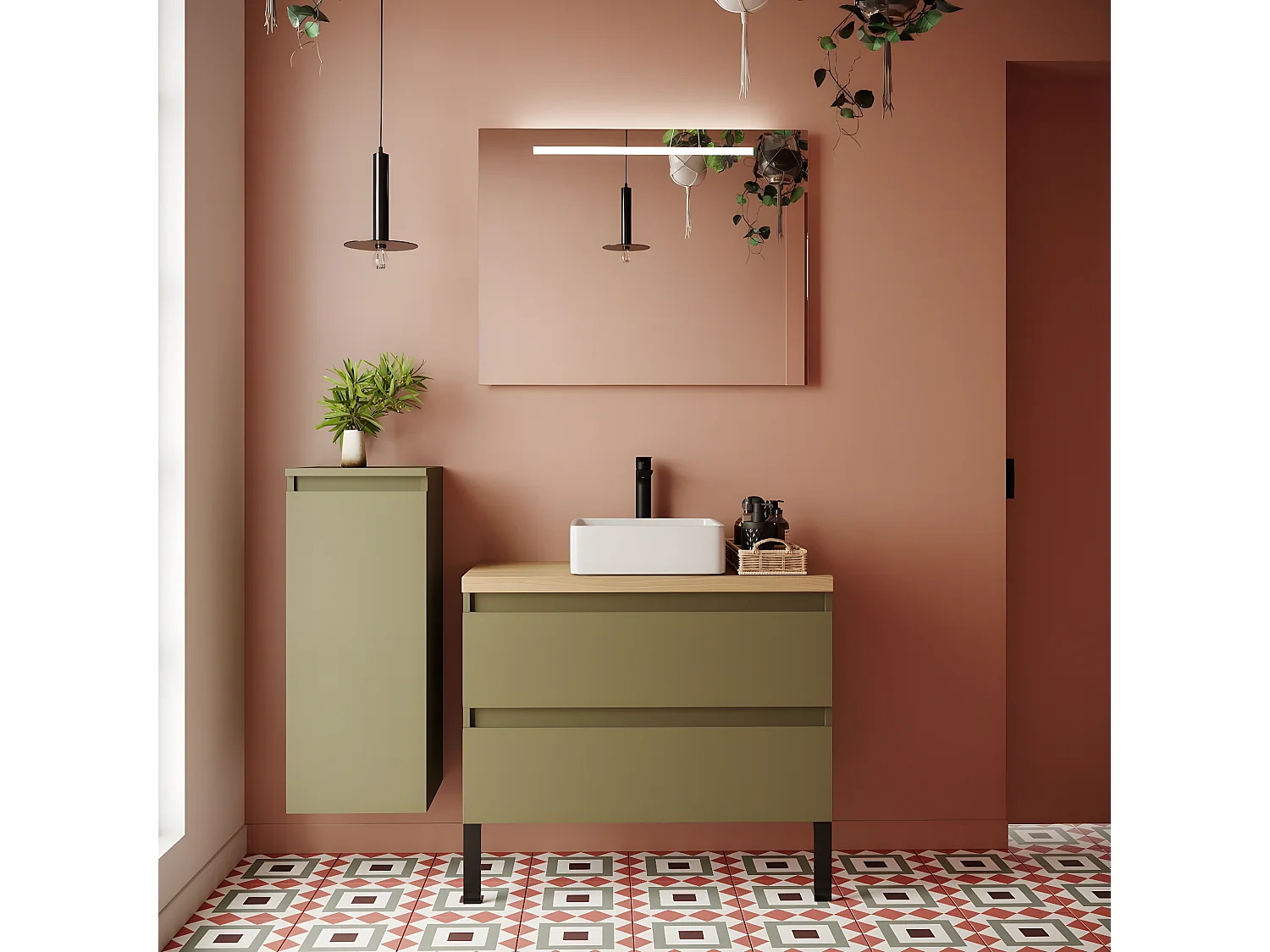 Meuble de salle de bain suspendu vasque à poser 90cm 2 tiroirs Vert olive + miroir + colonne ouverture gauche - Hudson