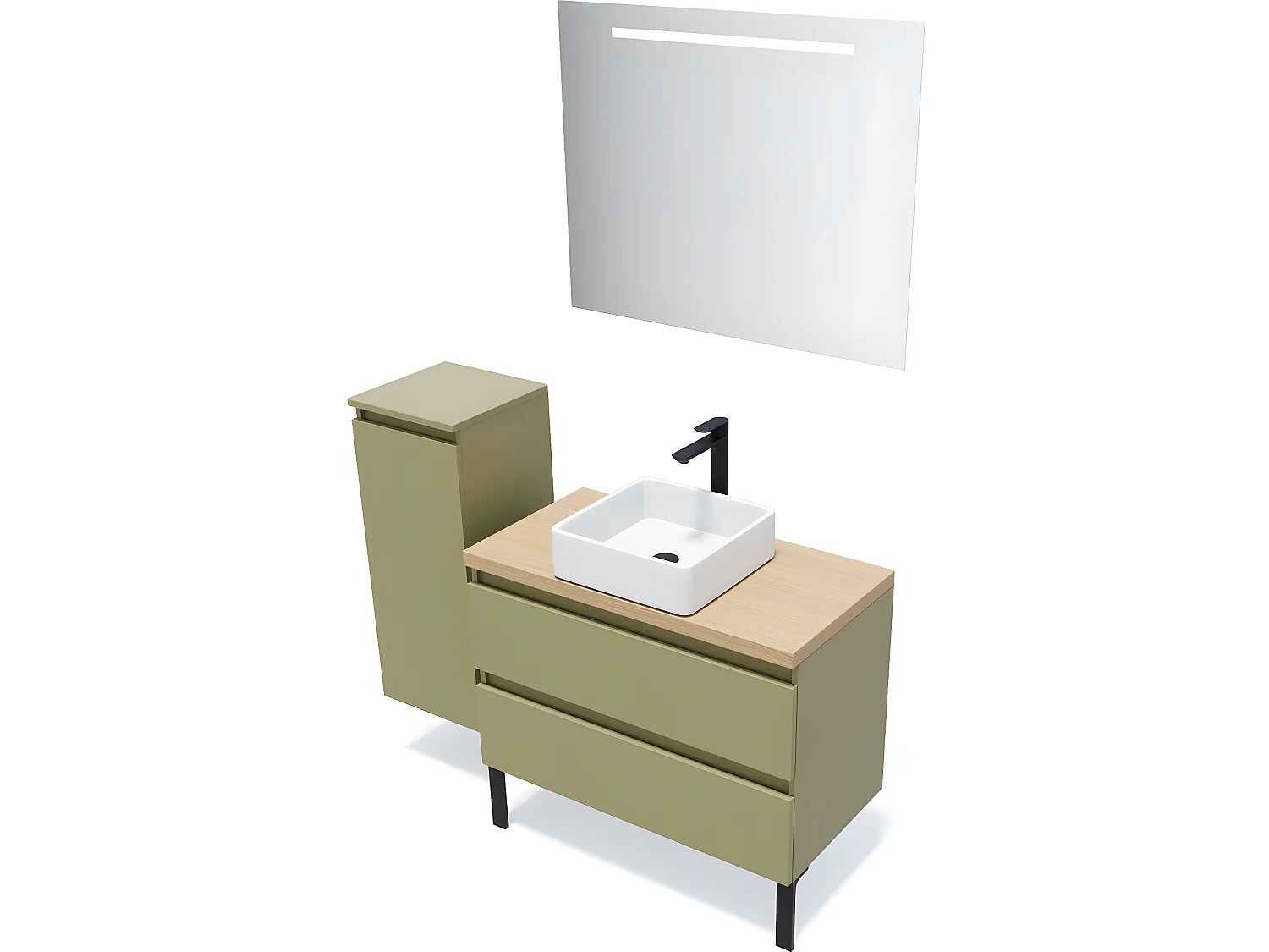 Meuble de salle de bain suspendu vasque à poser 90cm 2 tiroirs Vert olive + miroir + colonne ouverture gauche - Hudson
