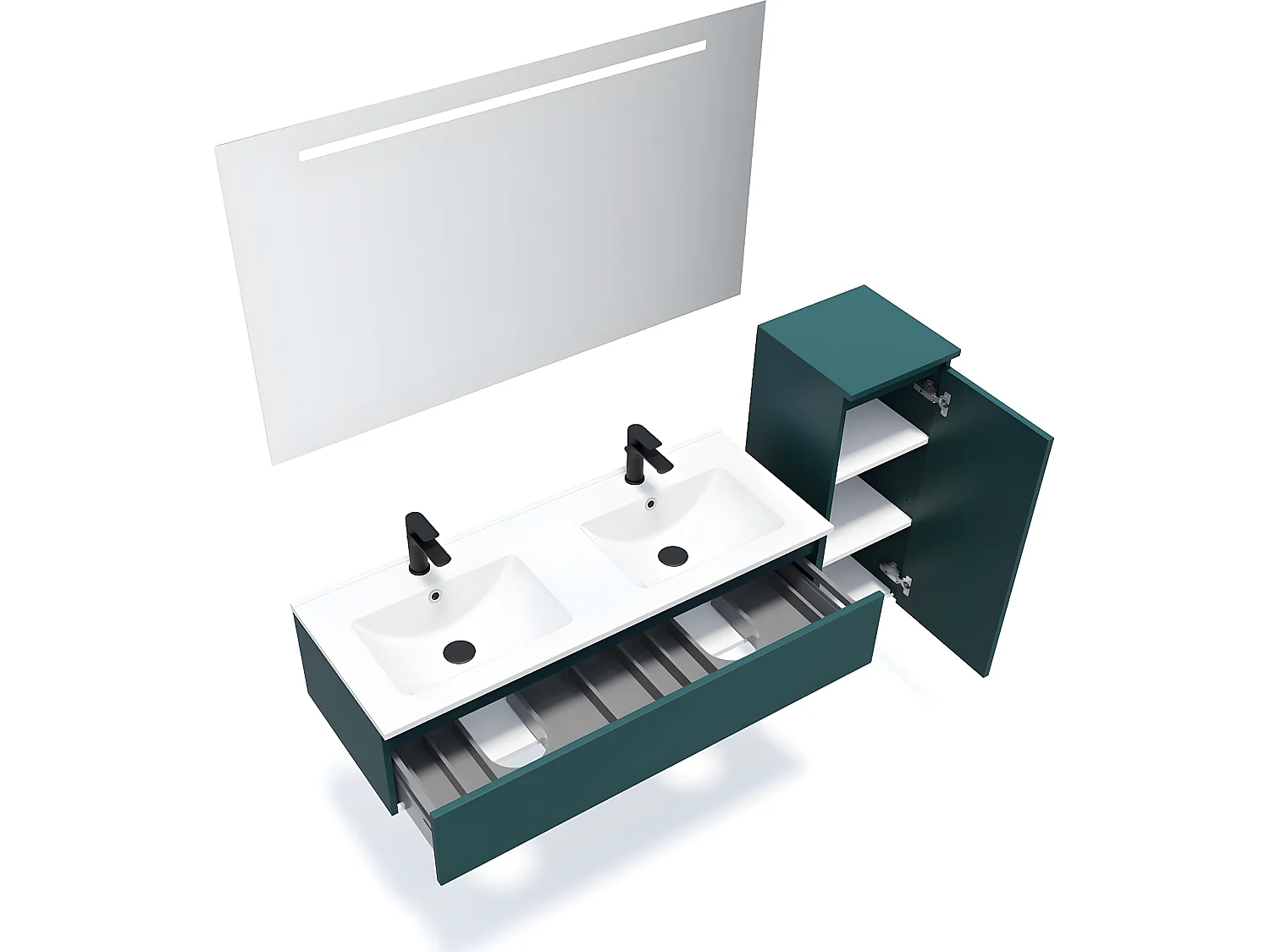 Meuble de salle de bain suspendu 2 vasques à poser 120cm 1 tiroir Bleu + miroir + colonne ouverture droite - Hudson