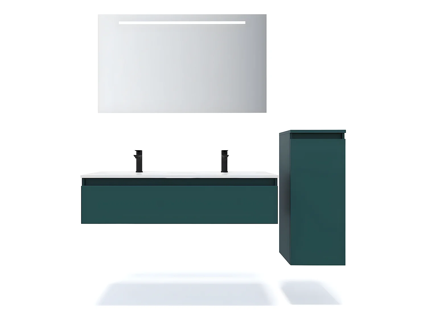 Meuble de salle de bain suspendu 2 vasques à poser 120cm 1 tiroir Bleu + miroir + colonne ouverture droite - Hudson