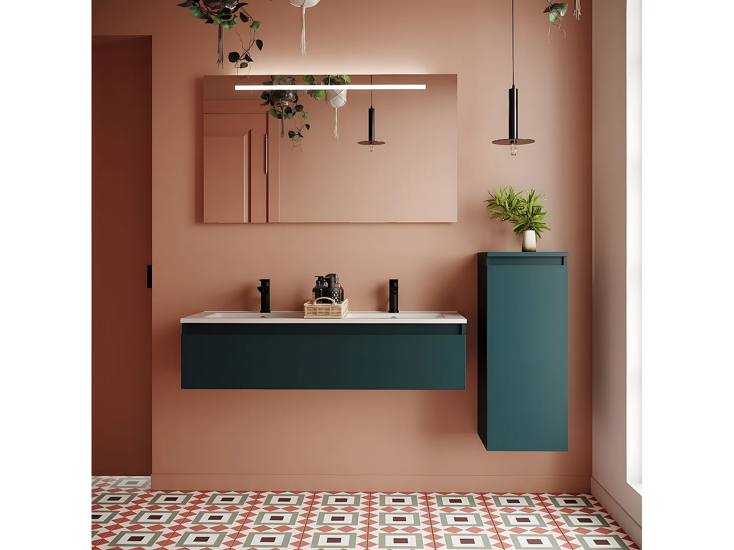 Meuble de salle de bain suspendu 2 vasques à poser 120cm 1 tiroir Bleu + miroir + colonne ouverture droite - Hudson