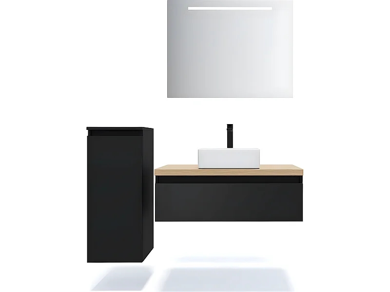 Meuble de salle de bain suspendu vasque à poser 90cm 1 tiroir Noir + miroir + colonne ouverture gauche - Hudson