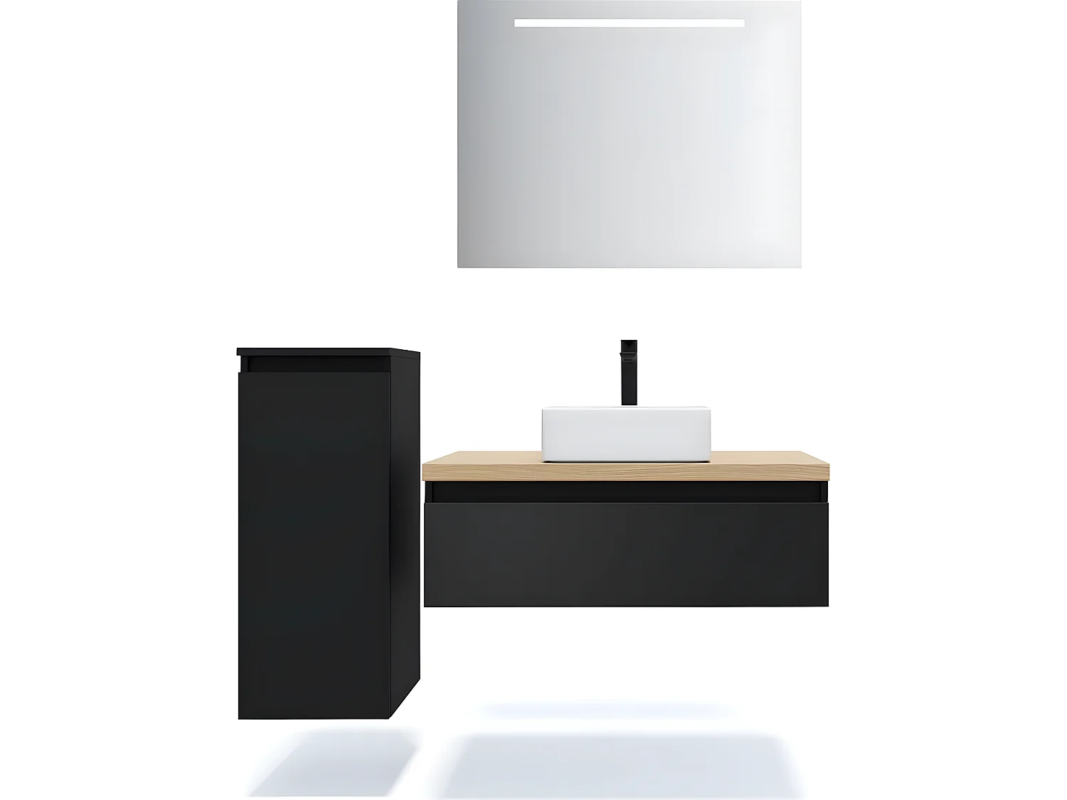 Meuble de salle de bain suspendu vasque à poser 90cm 1 tiroir Noir + miroir + colonne ouverture gauche - Hudson