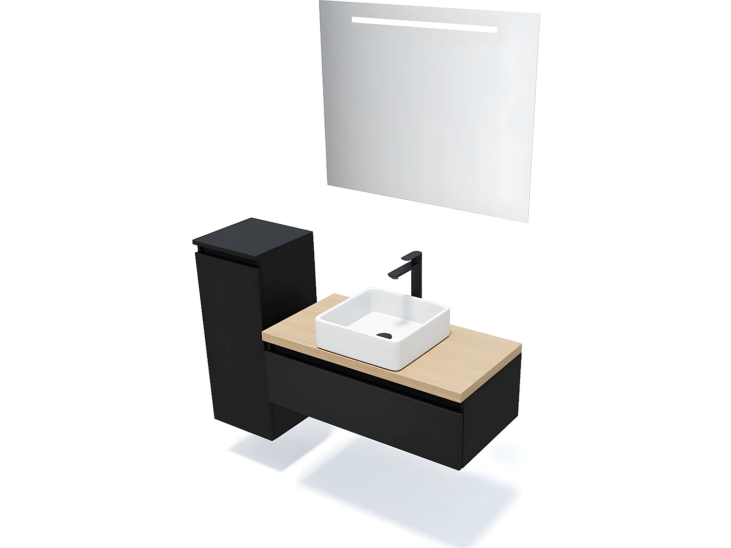 Meuble de salle de bain suspendu vasque à poser 90cm 1 tiroir Noir + miroir + colonne ouverture gauche - Hudson