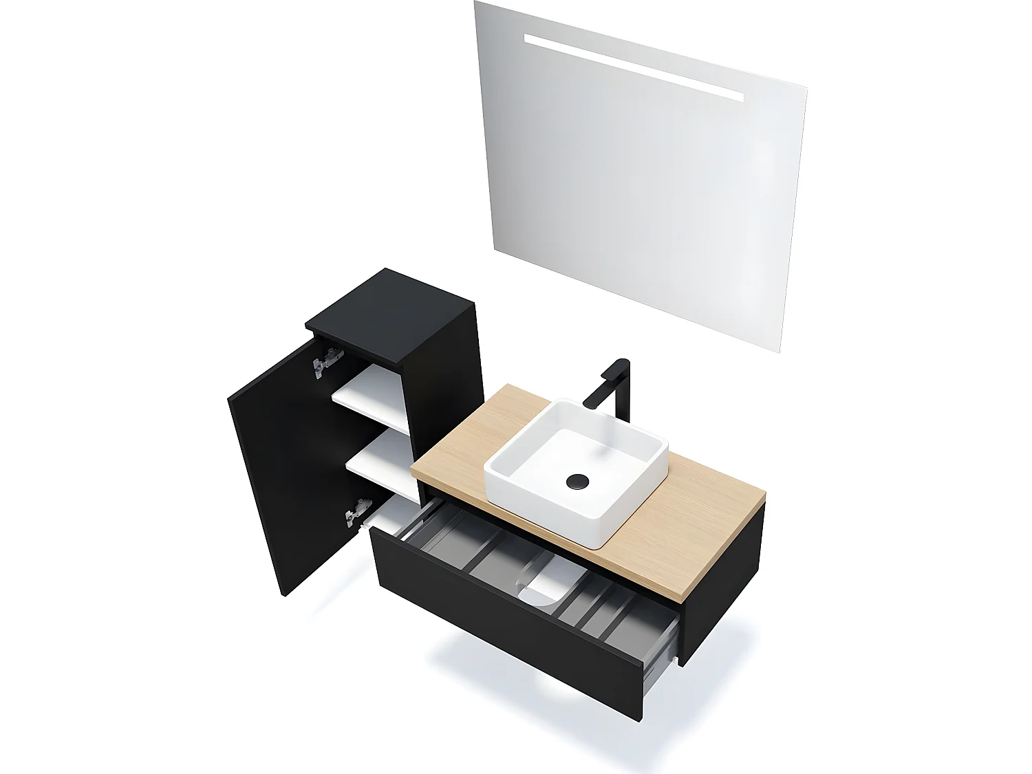 Meuble de salle de bain suspendu vasque à poser 90cm 1 tiroir Noir + miroir + colonne ouverture gauche - Hudson