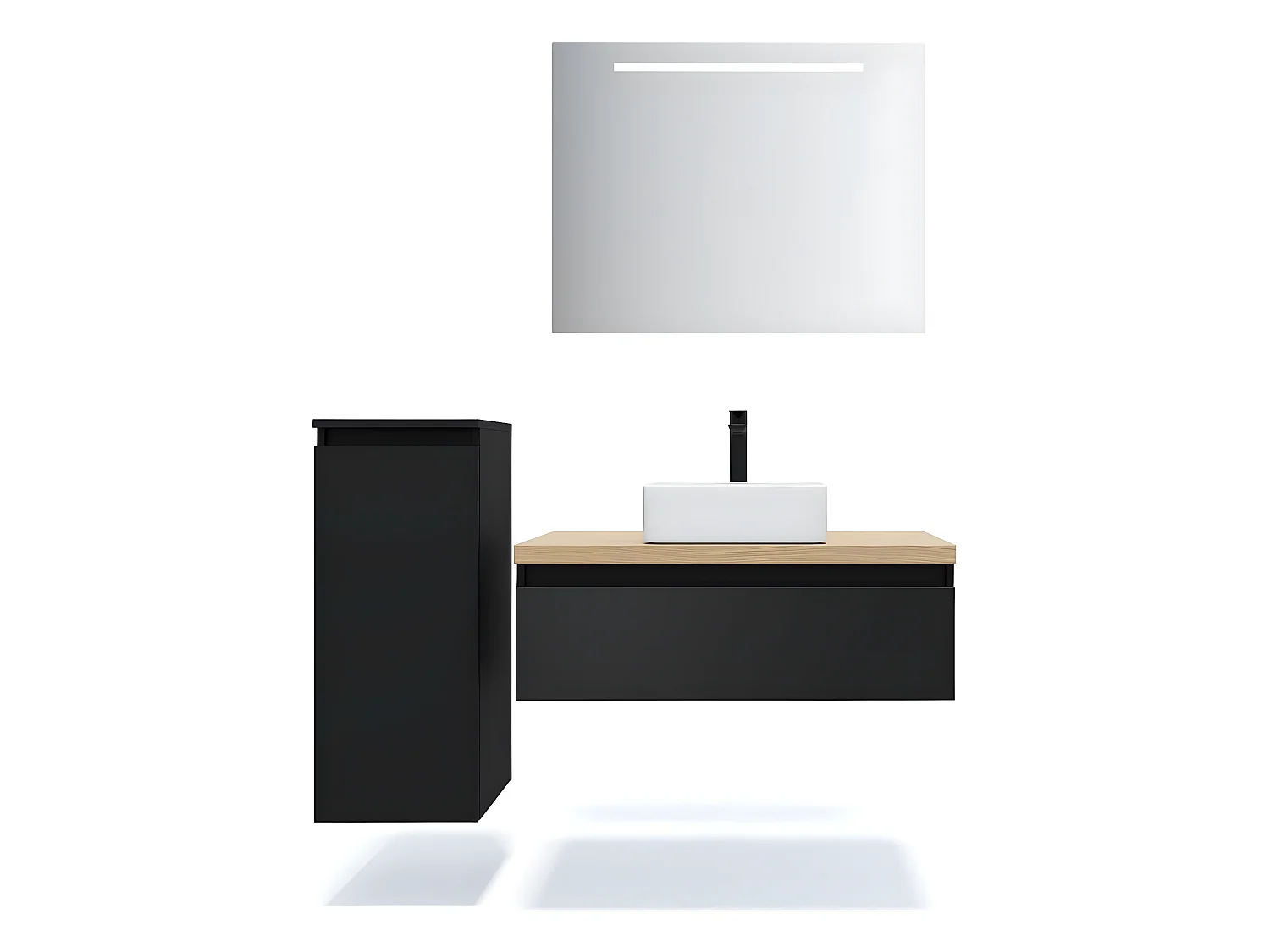 Meuble de salle de bain suspendu vasque à poser 90cm 1 tiroir Noir + miroir + colonne ouverture gauche - Hudson