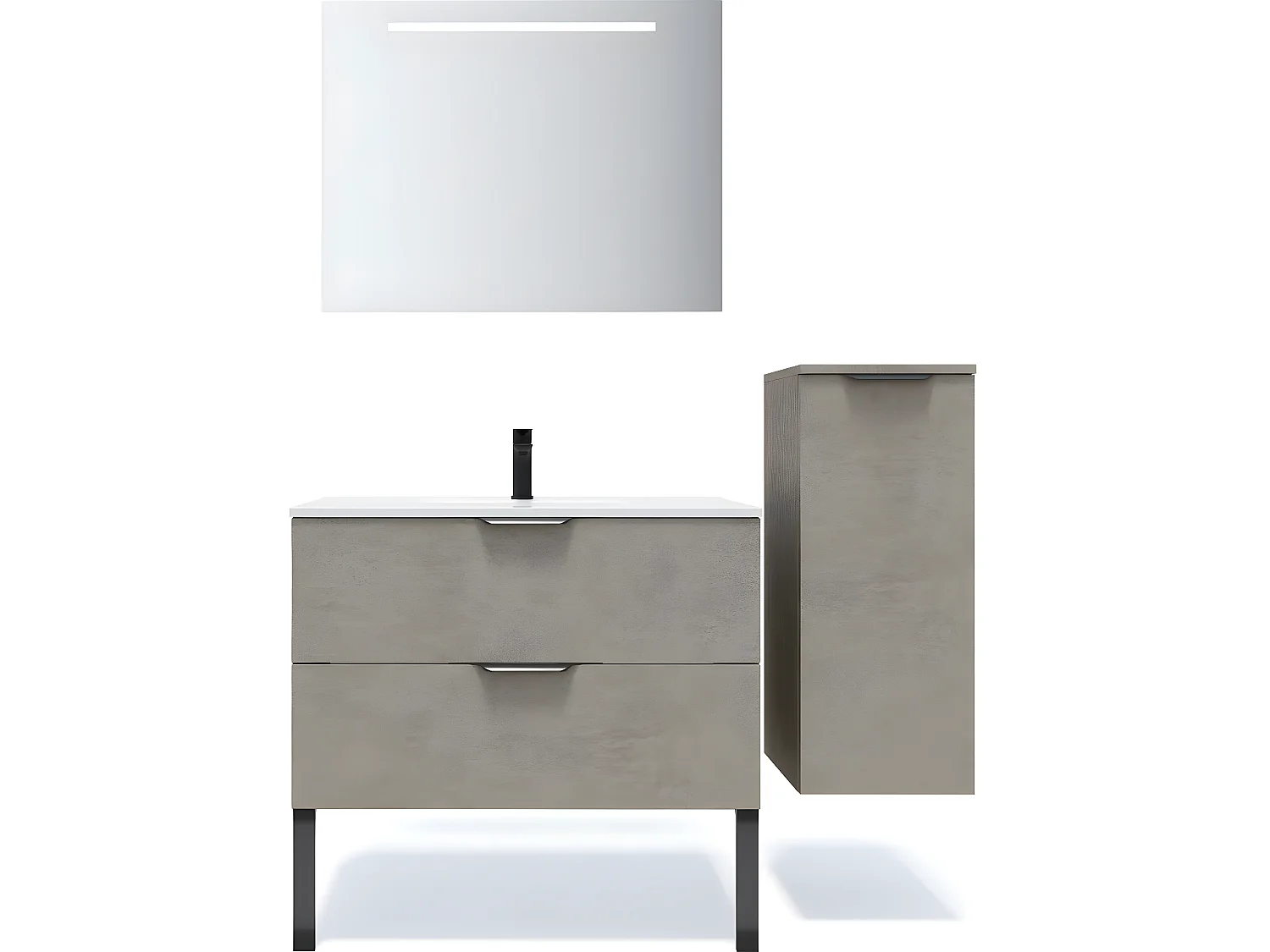 Meuble de salle de bain suspendu vasque intégrée 90cm 2 tiroirs façon Béton + miroir + colonne ouverture droite - Venice