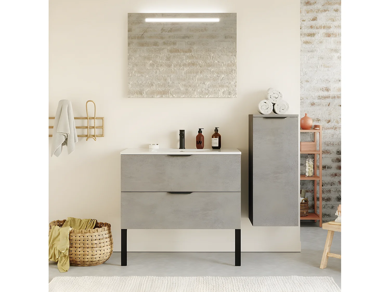Meuble de salle de bain suspendu vasque intégrée 90cm 2 tiroirs façon Béton + miroir + colonne ouverture droite - Venice