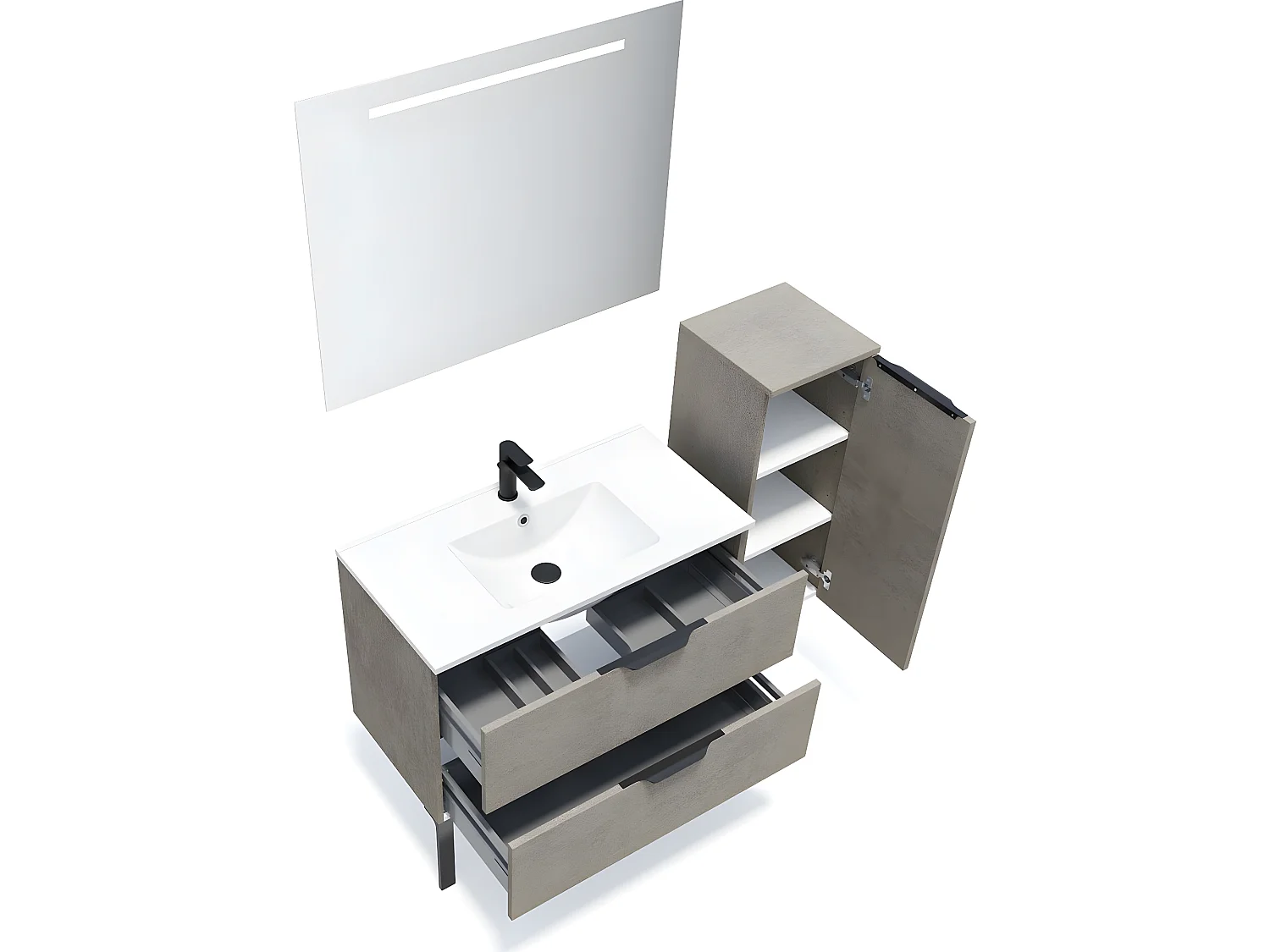 Meuble de salle de bain suspendu vasque intégrée 90cm 2 tiroirs façon Béton + miroir + colonne ouverture droite - Venice