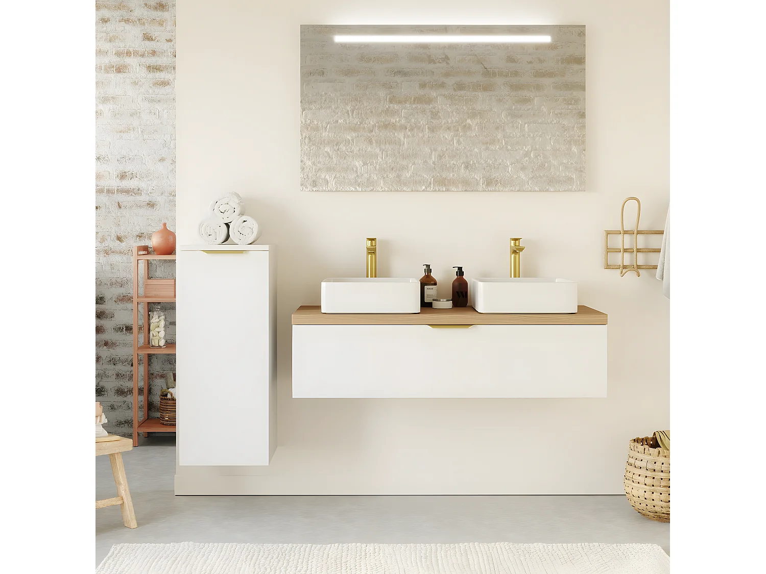 Meuble de salle de bain suspendu 2 vasques à poser 120cm 1 tiroir Blanc + miroir + colonne ouverture gauche - Venice