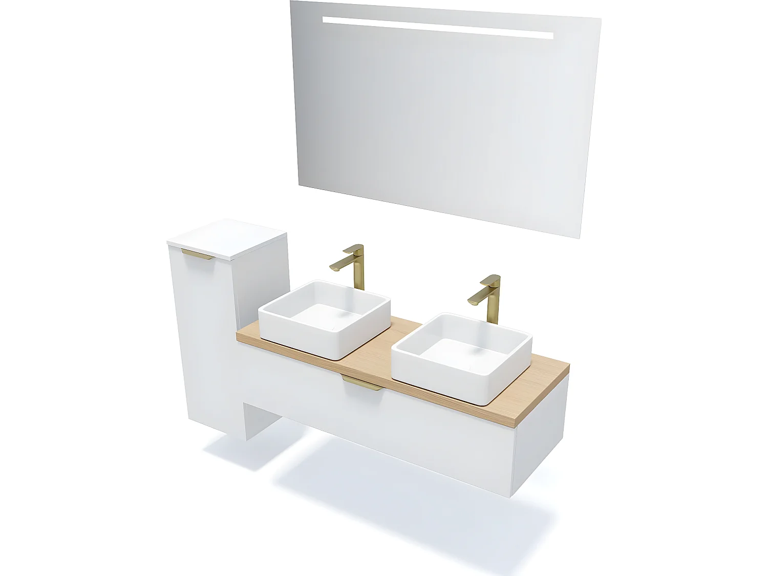 Meuble de salle de bain suspendu 2 vasques à poser 120cm 1 tiroir Blanc + miroir + colonne ouverture gauche - Venice