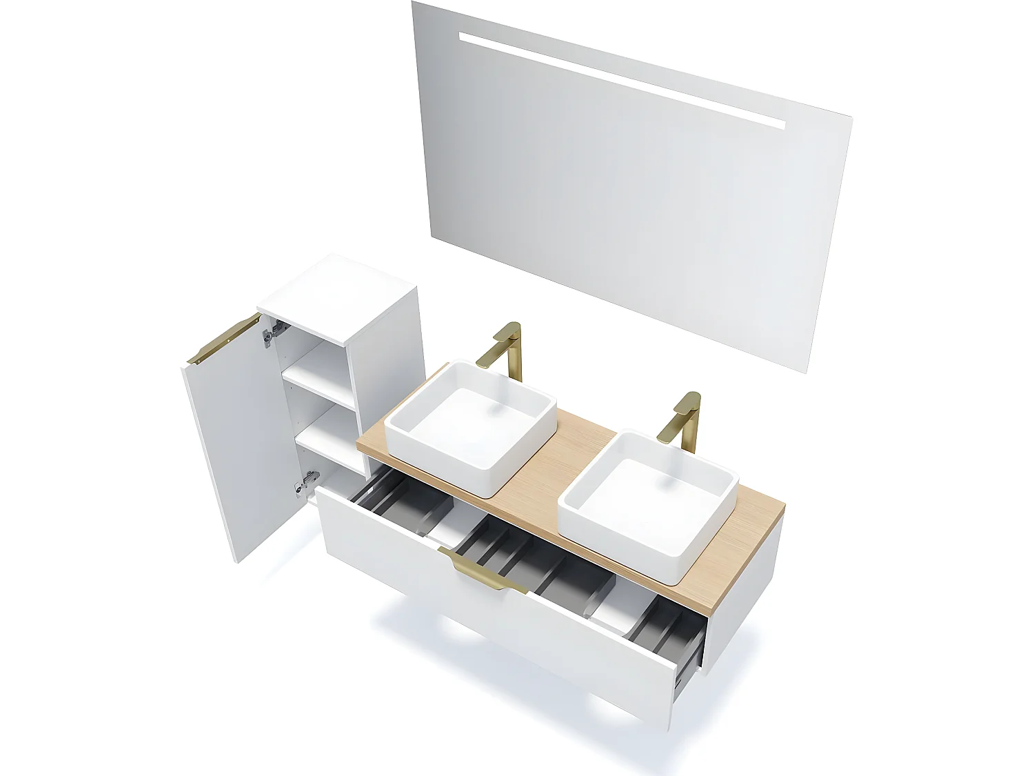 Meuble de salle de bain suspendu 2 vasques à poser 120cm 1 tiroir Blanc + miroir + colonne ouverture gauche - Venice