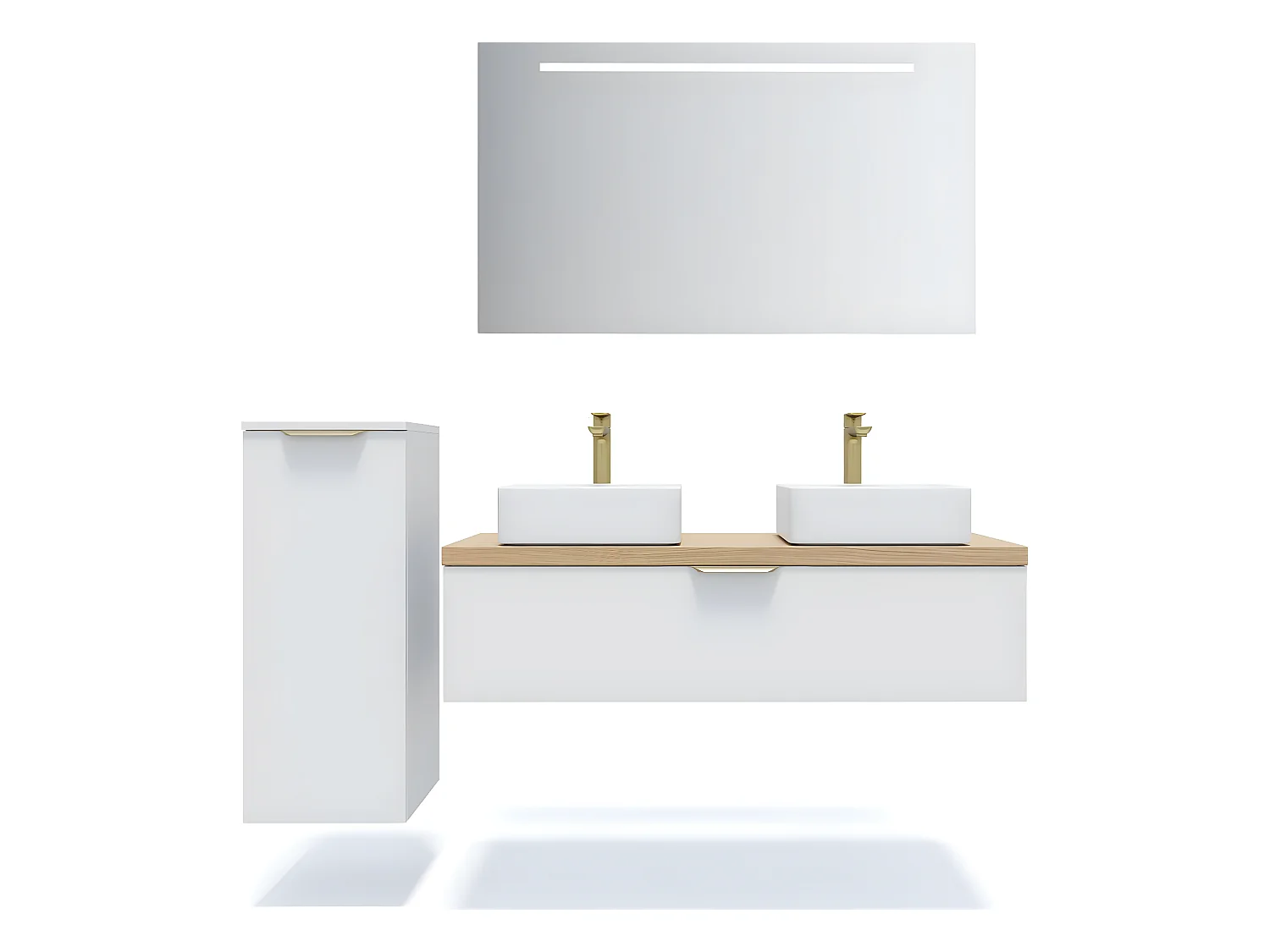 Meuble de salle de bain suspendu 2 vasques à poser 120cm 1 tiroir Blanc + miroir + colonne ouverture gauche - Venice