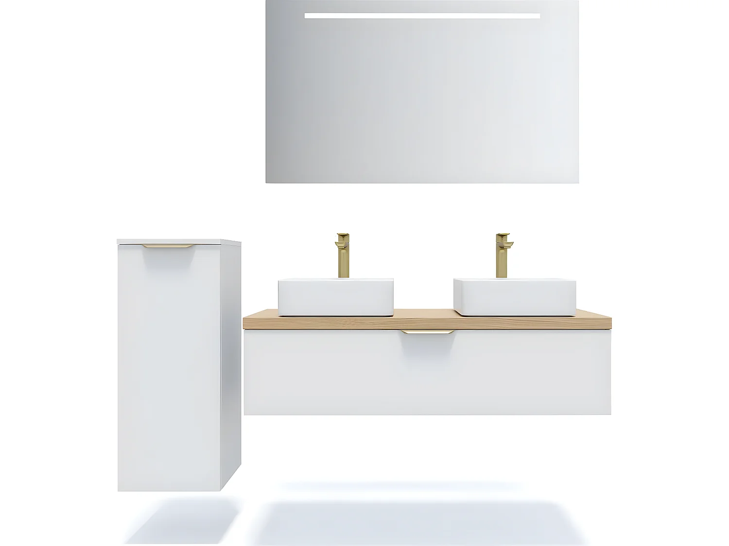 Meuble de salle de bain suspendu 2 vasques à poser 120cm 1 tiroir Blanc + miroir + colonne ouverture gauche - Venice