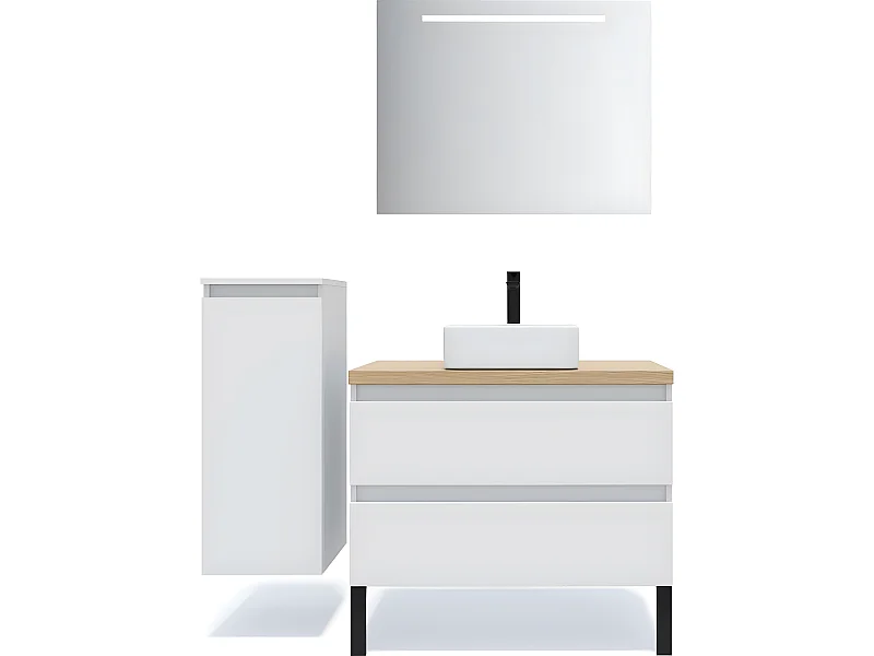 Meuble de salle de bain suspendu vasque à poser 90cm 2 tiroirs Blanc + miroir + colonne ouverture gauche - Hudson