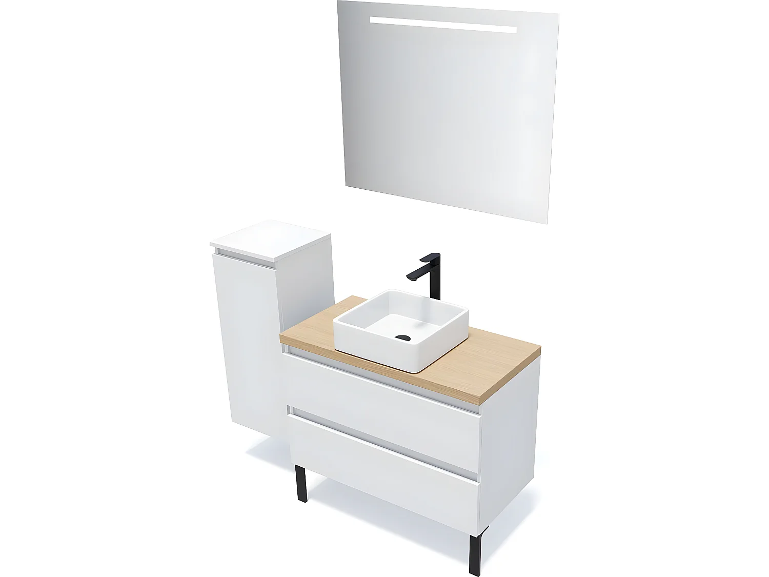 Meuble de salle de bain suspendu vasque à poser 90cm 2 tiroirs Blanc + miroir + colonne ouverture gauche - Hudson