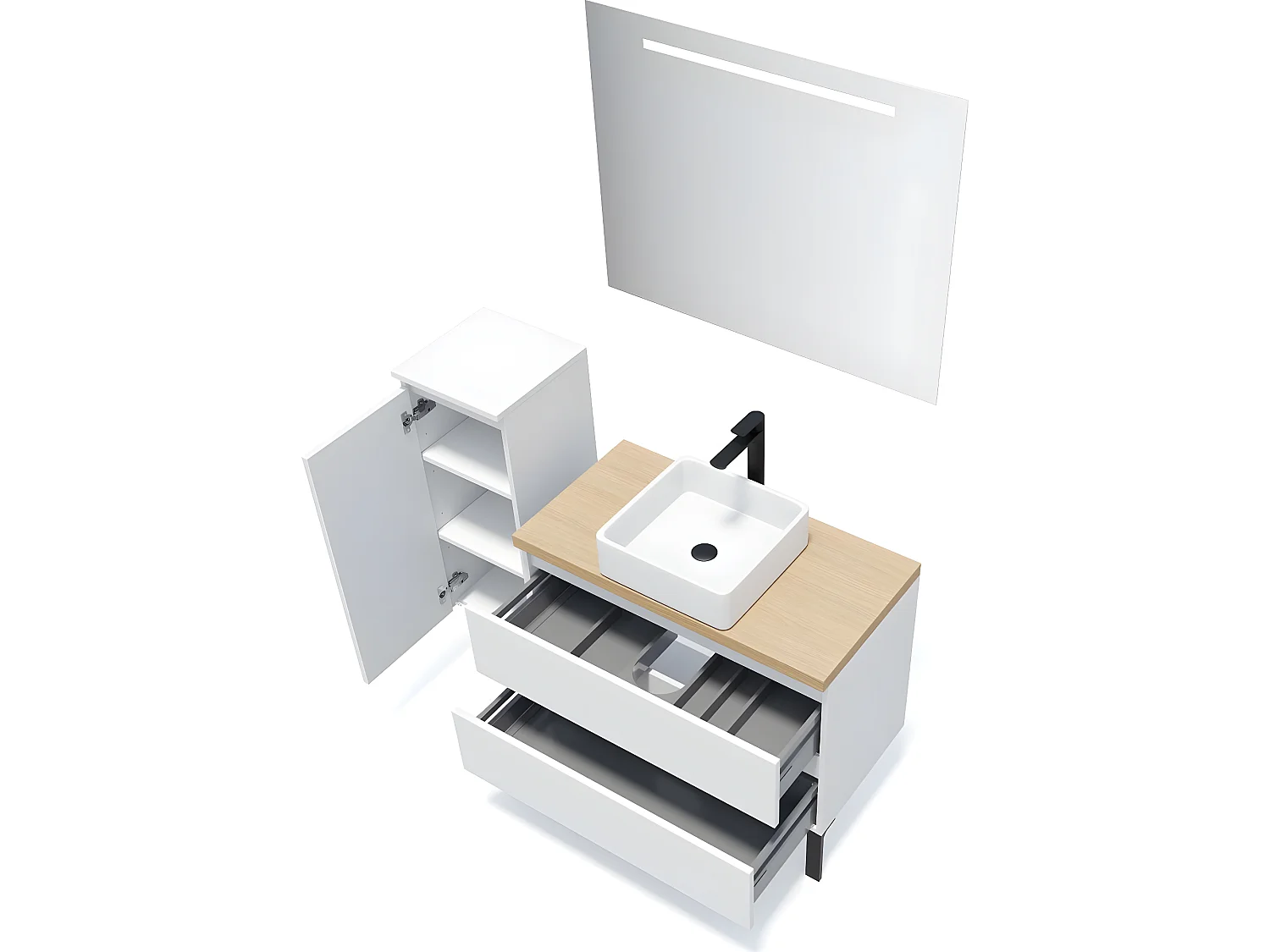 Meuble de salle de bain suspendu vasque à poser 90cm 2 tiroirs Blanc + miroir + colonne ouverture gauche - Hudson