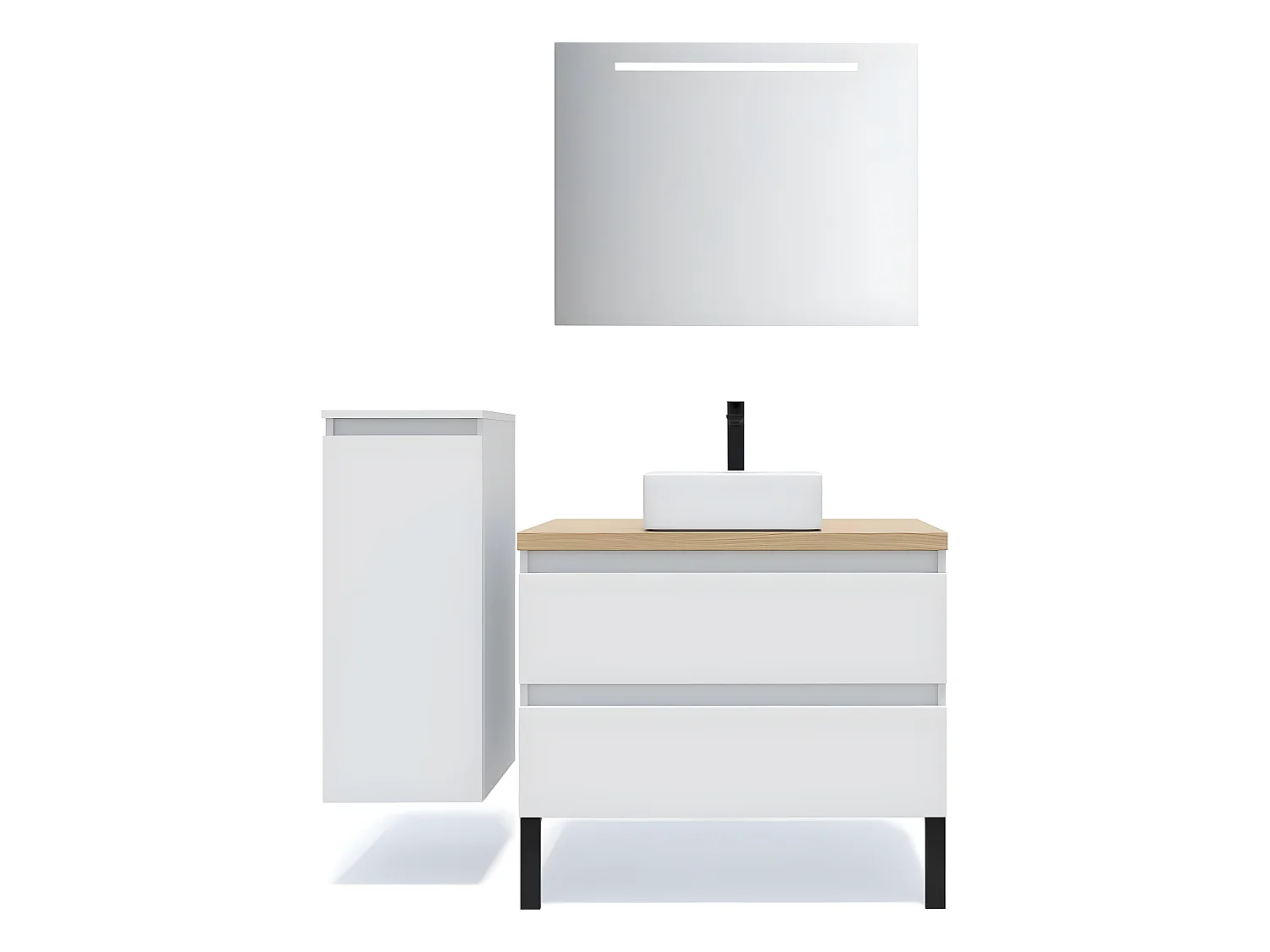 Meuble de salle de bain suspendu vasque à poser 90cm 2 tiroirs Blanc + miroir + colonne ouverture gauche - Hudson